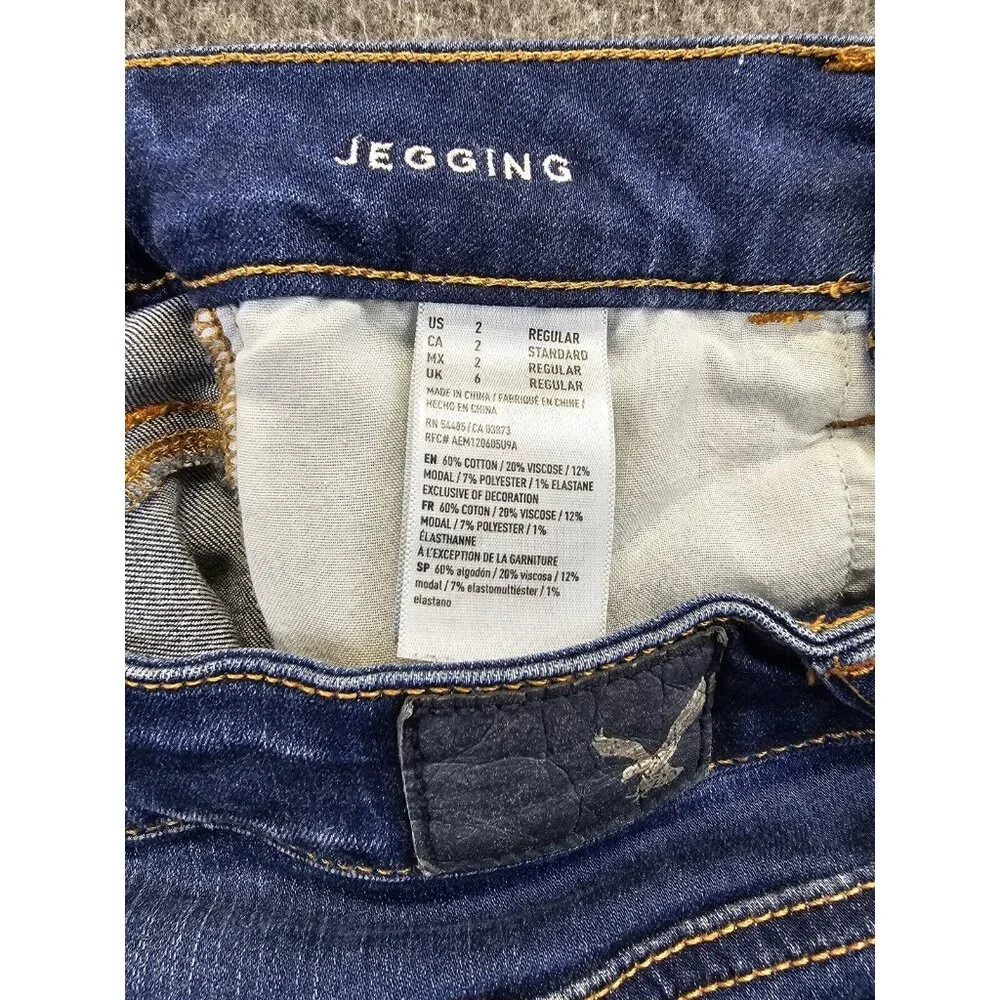 American Eagle Jeggings Womens Size 2 Dark Wash Distressed Raw Hem Super Stretch